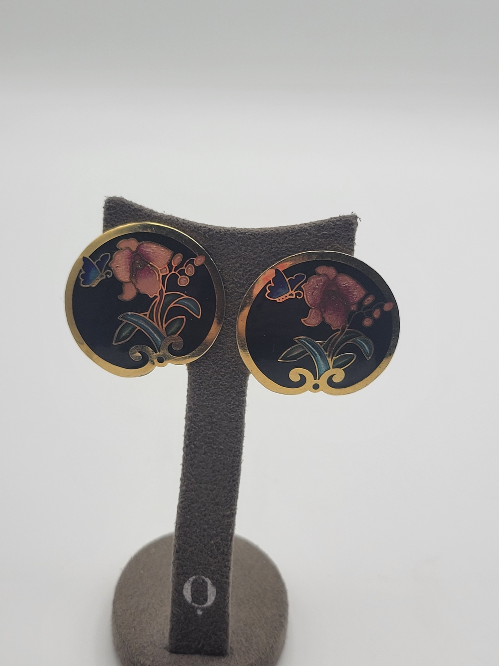 Vintage Gold Tone "SITI" Black w/Orchid Cloisonne pierced Earrings